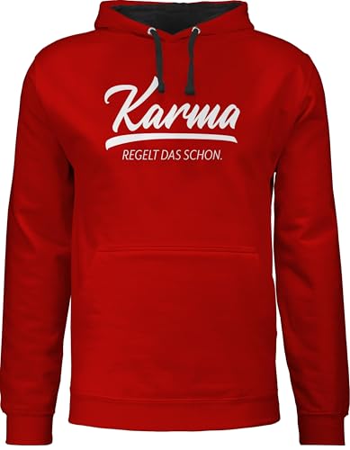 Pullover Herren Frauen Hoodie Kontrast zweifarbig - Sprüche Statement mit Spruch - Karma regelt das schon I - M - Rot/Schwarz - pulli sprueche macht hoodies sprüchen spruechen pollover damen von Shirtracer
