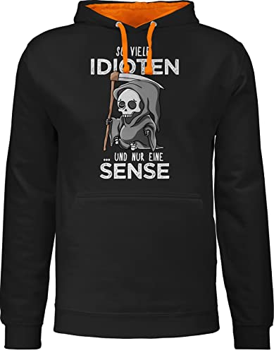 Pullover Herren Frauen Hoodie Kontrast zweifarbig - Sprüche Statement mit Spruch - So viele Idioten und nur eine Sense - Sarkasmus Guten Morgen Kollegen Geschenk - L - Schwarz/Orange von Shirtracer