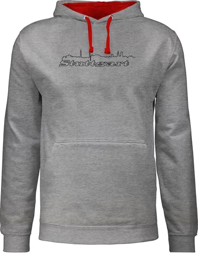 Pullover Herren Frauen Hoodie Kontrast zweifarbig - Stuttgart Skyline - L - Grau meliert/Rot - Kapuzenpullover Stadt Fun-Sweatshirts Hoody mit Kapuze Hoodies herrenpullis modern pullis hudis Hoddie von Shirtracer