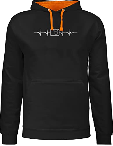 Pullover Herren Frauen Hoodie Kontrast zweifarbig - Geschenke - Herzschlag Foto Kamera Fotografen Geschenk Hobbyfotografen Fotografin Fotografie - XS - Schwarz/Orange - fotograf fotografieren Camera von Shirtracer