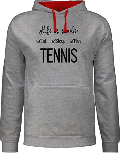 Shirtracer Pullover Herren Frauen Hoodie Kontrast zweifarbig - Tennisspieler Geschenk - Life is Simple Tennis - L - Grau meliert/Rot - für tennisfans Hoody Sport Pulli Geschenke Damen sprüche von Shirtracer