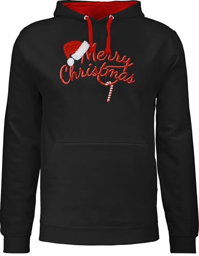 Pullover Herren Frauen Hoodie Kontrast zweifarbig - Weihnachten - Damen - Merry Christmas Zuckerstange I Weihnachtsmotiv - L - Schwarz/Rot - Weihnachts Pulli weihnachtshoodie weihnacht Xmas Hoody von Shirtracer