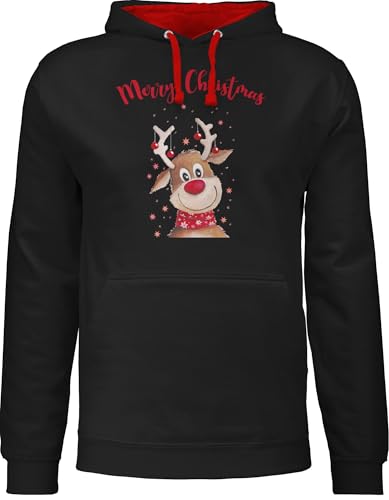 Pullover Herren Frauen Hoodie Kontrast zweifarbig - Weihnachten - Damen - Merry Christmas Rentier I Elch - XL - Schwarz/Rot - weihnachtshoodie weihnachtsmotiv Familie Pulli weihnachtshoody weihnacht von Shirtracer