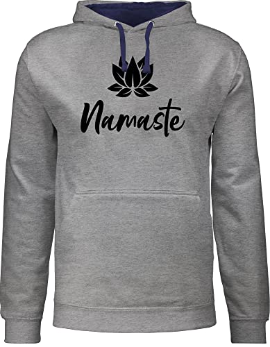 Pullover Herren Frauen Hoodie Kontrast zweifarbig - Yoga und Wellness Geschenk - Namaste mit Lotusblüte schwarz - M - Grau meliert/Navy Blau - joga lotus damen geschenke für fans meditation von Shirtracer