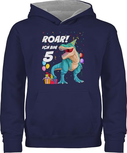 Pullover Kinder Hoodie Jungen Mädchen - 5. Geburtstag - Ich bin 5 Jahre - T-Rex Dinosaurier Dino - 116 (5/6 Jahre) - Navy Blau/Grau meliert - geburtstagspullover fünf 5.geburtstag 5, five fünfter von Shirtracer