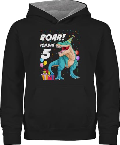 Pullover Kinder Hoodie Jungen Mädchen - 5. Geburtstag - Ich bin 5 Jahre - T-Rex Dinosaurier Dino - 116 (5/6 Jahre) - Schwarz/Grau meliert - kindergeburtstag years old jährige birthday jahren alt von Shirtracer