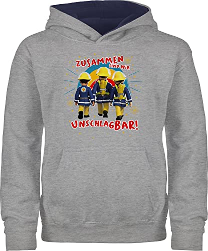 Pullover Kinder Hoodie Jungen Mädchen - Feuerwehrmann - Zusammen sind wir unschlagbar - Sam & Team - 116 (5/6 Jahre) - Grau meliert/Navy Blau - geuerwehrmann kinderhoodie feuwermansam pulli sams von Shirtracer