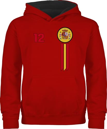 Pullover Kinder Hoodie Jungen Mädchen - Fußball EM WM - 12. Mann Spanien Emblem - 152 (12/13 Jahre) - Rot/Schwarz - em- fanartikel hoody fussball junge kids fu ball europameisterschaft 2024 jungs von Shirtracer