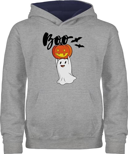 Shirtracer Pullover Kinder Hoodie Jungen Mädchen - Boo Geist Kürbis Gespenst Gespenster Geister - 128 (7/8 Jahre) - Grau meliert/Navy Blau - babyboo gruselige Halloween und Helloween Kleiner Haloween von Shirtracer