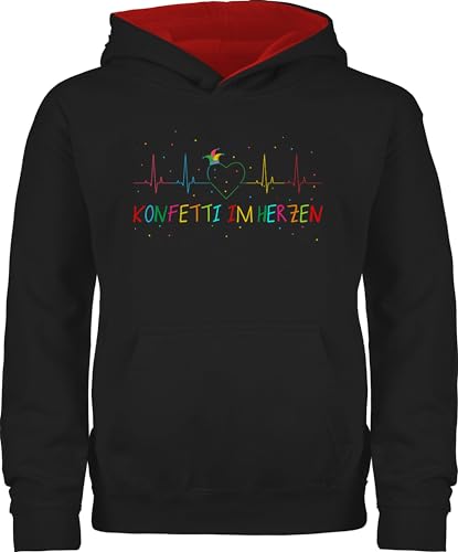 Pullover Kinder Hoodie Jungen Mädchen - Karneval & - Konfetti im Herzen Herzschlag Fasching - 140 (9/11 Jahre) - Schwarz/Rot - fasent kaneval strassenkarneval „fasching“ fastnacht karnelval von Shirtracer