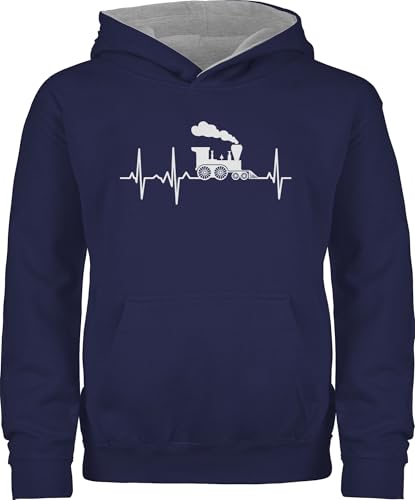 Pullover Kinder Hoodie Jungen Mädchen - Traktor Bagger und Co. - Dampflok Herzschlag weiß - 152 (12/13 Jahre) - Navy Blau/Grau meliert - Fahrzeuge Zug Pulli flugzeugen züge Hoody Eisenbahn von Shirtracer