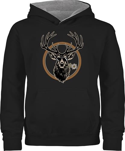 Shirtracer Pullover Kinder Hoodie Jungen Mädchen - Kompatibel mit Oktoberfest Trachtenshirt - Cooler Hirsch Hirschgeweih Jäger - 128 (7/8 Jahre) - Schwarz/Grau meliert - bayrisch hirsche Pulli Bayern von Shirtracer