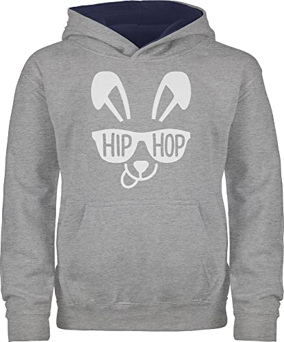 Shirtracer Pullover Kinder Hoodie Jungen Mädchen - Ostergeschenke Ostern - Hiphop Hase mit Sonnenbrille Schriftzug weiß - 152 (12/13 Jahre) - Grau meliert/Navy Blau - Oster ostermotiven osterartikel von Shirtracer