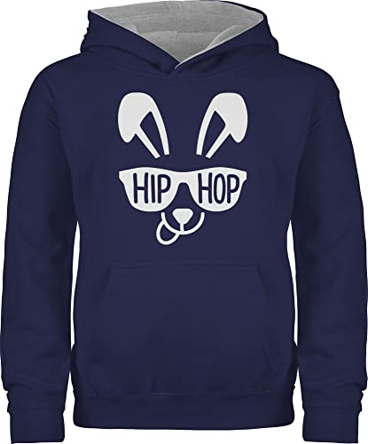 Pullover Kinder Hoodie Jungen Mädchen - Ostergeschenke Ostern - HipHop Hase mit Sonnenbrille Schriftzug weiß - 152 (12/13 Jahre) - Navy Blau/Grau meliert - osterüberraschung osterkleinigkeiten von Shirtracer