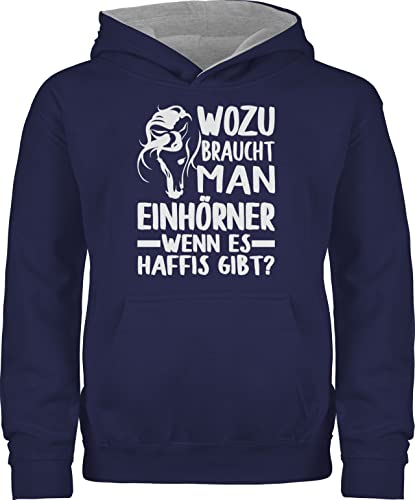 Pullover Kinder Hoodie Jungen Mädchen - Pferd Pferde - Wozu braucht man Einhörner, wenn es Haffis gibt? - 152 (12/13 Jahre) - Navy Blau/Grau meliert - reiterin reiterkleidung reit sprüche reiten von Shirtracer