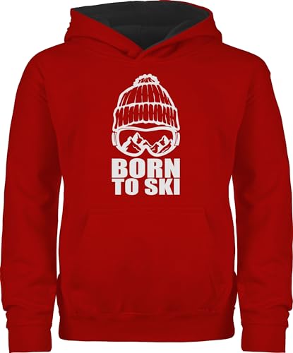 Pullover Kinder Hoodie Jungen Mädchen - Sport Kleidung - Born to Ski - 104 (3/4 Jahre) - Rot/Schwarz - skipullover 25. Geburtstag Berge kinderpulli Skifahren Skifahrer kinderpullover Pulli Hoody von Shirtracer