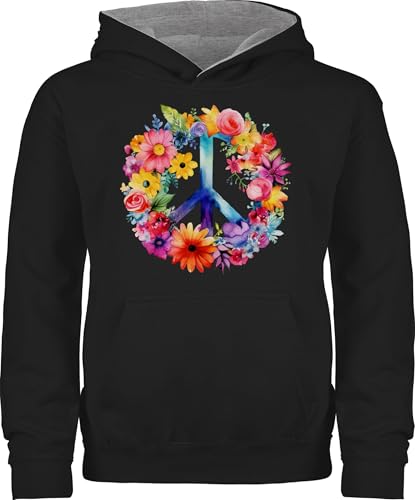 Pullover Kinder Hoodie Jungen Mädchen - Statement - Peacezeichen I Peace Symbol Hippie I Frieden I 60er I 70er Flower Power I Flowerpower - 140 (9/11 Jahre) - Schwarz/Grau meliert - sprüche hippy von Shirtracer