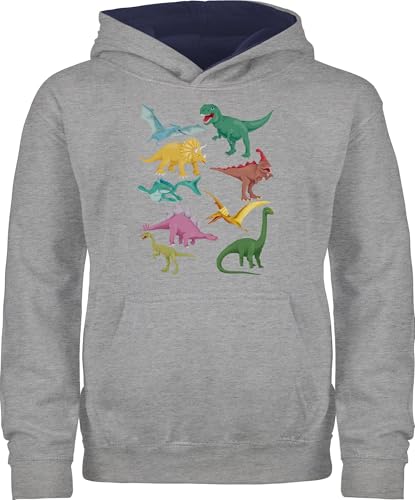 Pullover Kinder Hoodie Jungen Mädchen - Tiermotiv Animal Print - Dinos - 104 (3/4 Jahre) - Grau meliert/Navy Blau - tiermotive dino pullis tiermotiven dinosaurier hoody tier kapuzenpulli animals von Shirtracer