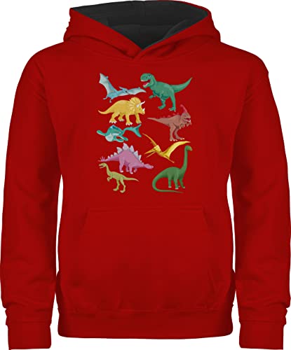 Pullover Kinder Hoodie Jungen Mädchen - Tiermotiv Animal Print - Dinos - 128 (7/8 Jahre) - Rot/Schwarz - tiermotive dino pullis tiermotiven dinosaurier hoody tier kapuzenpulli animals hudis tiere von Shirtracer