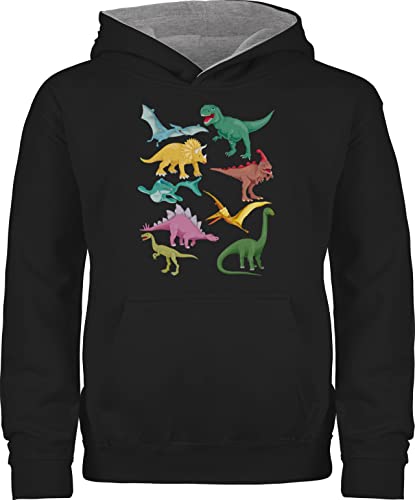 Pullover Kinder Hoodie Jungen Mädchen - Tiermotiv Animal Print - Dinos - 140 (9/11 Jahre) - Schwarz/Grau meliert - tiermotive dino pullis tiermotiven dinosaurier hoody tier kapuzenpulli animals von Shirtracer