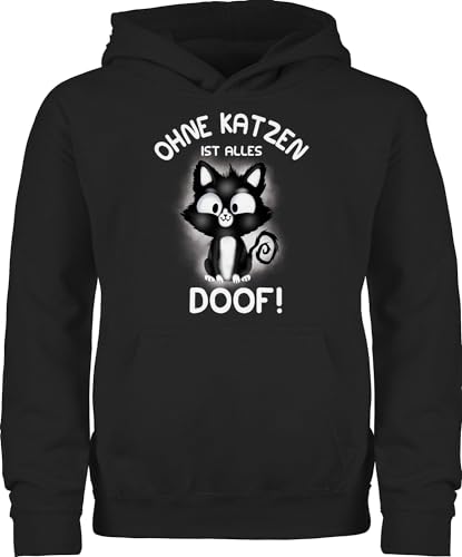 Kinder Hoodie Jungen Mädchen - Tiermotiv Animal Print - Ohne Katzen ist alles doof! - 152 (12/13 Jahre) - Schwarz - pullover tiermotive katze hoody kids pulli bändel hoodies für kind junge tier von Shirtracer