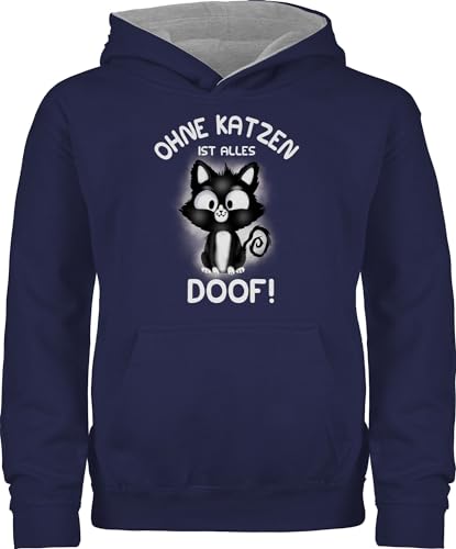 Pullover Kinder Hoodie Jungen Mädchen - Tiermotiv Animal Print - Ohne Katzen ist alles doof! - 128 (7/8 Jahre) - Navy Blau/Grau meliert - kind doof pulli katze kordel hoody tiere kapuzenpullover von Shirtracer
