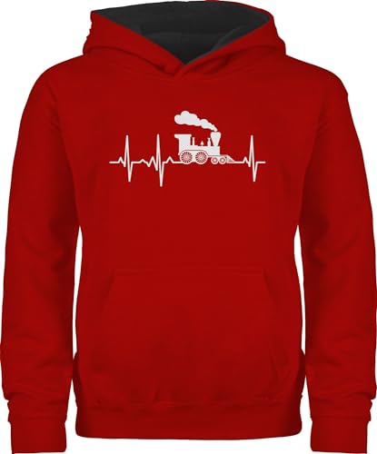 Pullover Kinder Hoodie Jungen Mädchen - Traktor Bagger und Co. - Dampflok Herzschlag weiß - 116 (5/6 Jahre) - Rot/Schwarz - Fahrzeuge Zug Pulli flugzeugen züge Hoody Eisenbahn Kapuzenpullover von Shirtracer
