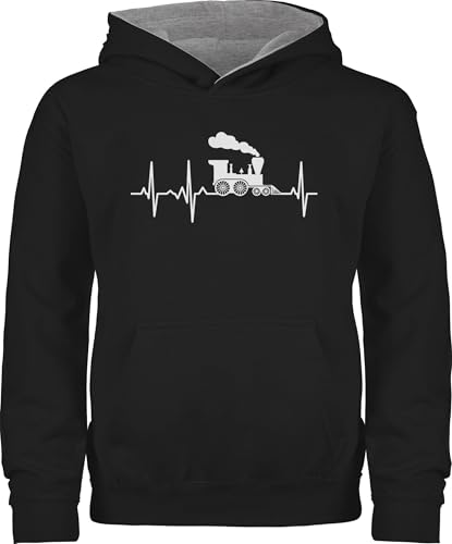 Pullover Kinder Hoodie Jungen Mädchen - Traktor Bagger und Co. - Dampflok Herzschlag weiß - 116 (5/6 Jahre) - Schwarz/Grau meliert - Fahrzeuge Zug Pulli flugzeugen züge Hoody Eisenbahn von Shirtracer