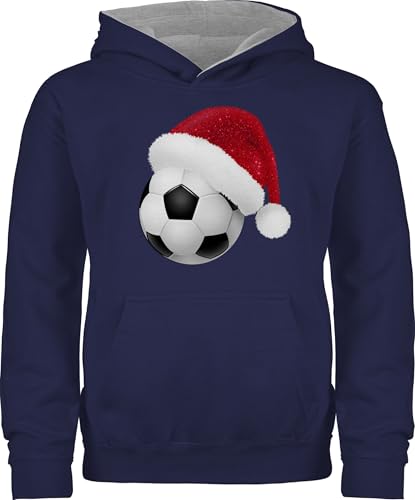 Pullover Kinder Hoodie Jungen Mädchen - Weihnachten Geschenke Christmas - Fußball mit Weihnachtsmütze Glitzeroptik - 128 (7/8 Jahre) - Navy Blau/Grau meliert - weihnachtshoodie weihnachtsmotiv von Shirtracer