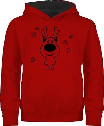 Pullover Kinder Hoodie Jungen Mädchen - Weihnachten Geschenke Christmas - Rentier Schneeflocken schwarz - 128 (7/8 Jahre) - Rot/Schwarz - weihnachtshoodie weihnachtsmotiv Schneeflocke Hoody von Shirtracer