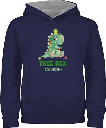 Pullover Kinder Hoodie Jungen Mädchen - Weihnachten Geschenke - Tree Rex - Merry Christmas - 104 (3/4 Jahre) - Navy Blau/Grau meliert - weihnachtshoodie weihnachtsmotiv Pulli Weihnachtspullover von Shirtracer