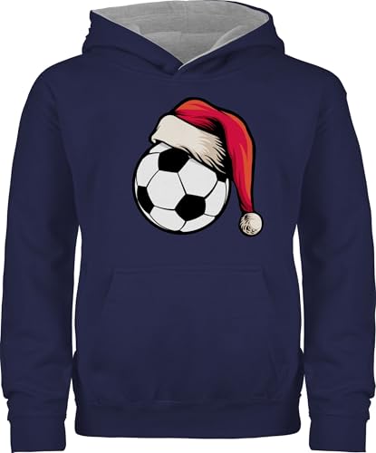 Pullover Kinder Hoodie Jungen Mädchen - Geschenke Christmas - Fußball mit Weihnachtsmütze I Geschenk Weihnachten Fußball - 140 (9/11 Jahre) - Navy Blau/Grau meliert - Weihnachtspullover von Shirtracer