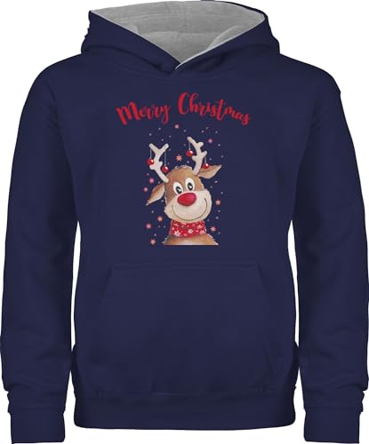 Pullover Kinder Hoodie Jungen Mädchen - Weihnachten Geschenke - Merry Christmas Rentier - 152 (12/13 Jahre) - Navy Blau/Grau meliert - weihnachtspulli Kind Weinachten Hoody weihnachstpullover von Shirtracer