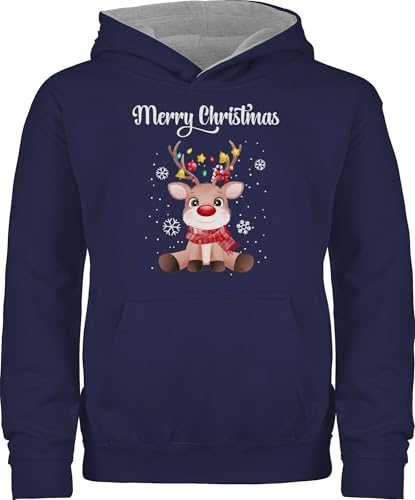 Pullover Kinder Hoodie Jungen Mädchen - Weihnachten - Merry Christmas süßes Rentier | Rudolph Elch Rudolf - 128 (7/8 Jahre) - Navy Blau/Grau meliert - Weihnachts-Hoodie weihnachtshoodie von Shirtracer