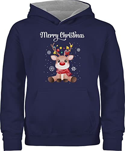 Pullover Kinder Hoodie Jungen Mädchen - Weihnachten Geschenke - Merry Christmas - süßes Rentier mit Lichterkette - 140 (9/11 Jahre) - Navy Blau/Grau meliert - Geschenk weihnachtsmotiv von Shirtracer