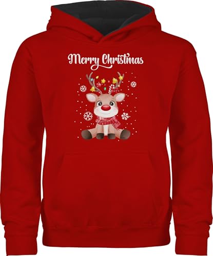 Pullover Kinder Hoodie Jungen Mädchen - Weihnachten - Merry Christmas süßes Rentier | Rudolph Elch Rudolf - 140 (9/11 Jahre) - Rot/Schwarz - Weihnachts-Hoodie weihnachtshoodie weihnachtsmotiv von Shirtracer