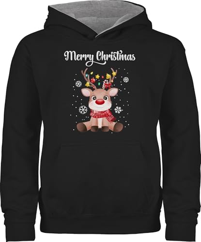 Pullover Kinder Hoodie Jungen Mädchen - Weihnachten - Merry Christmas süßes Rentier | Rudolph Elch Rudolf - 152 (12/13 Jahre) - Schwarz/Grau meliert - Weihnachts-Hoodie weihnachtshoodie von Shirtracer