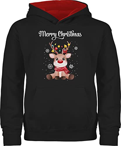 Pullover Kinder Hoodie Jungen Mädchen - Weihnachten - Merry Christmas süßes Rentier | Rudolph Elch Rudolf - 152 (12/13 Jahre) - Schwarz/Rot - Weihnachts-Hoodie weihnachtshoodie weihnachtsmotiv von Shirtracer
