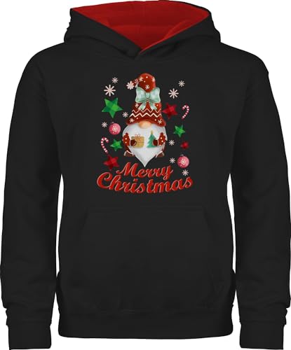 Pullover Kinder Hoodie Jungen Mädchen - Weihnachten Geschenke - Weihnachtlicher Wichtel I Weihnachtsmotiv I Merry Christmas Wichtelmotiv - 128 (7/8 Jahre) - Schwarz/Rot - weihnachtshoodie weihnacht von Shirtracer