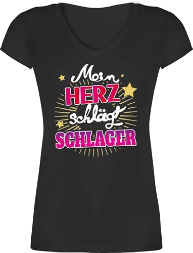 T-Shirt Damen V Ausschnitt - Party Outfit - Mein Herz schlägt Schlager - M - Schwarz - Geschenke für schlagerfans schlageroutfits schlagerparty Malle Shirts Tshirt schlagernacht von Shirtracer
