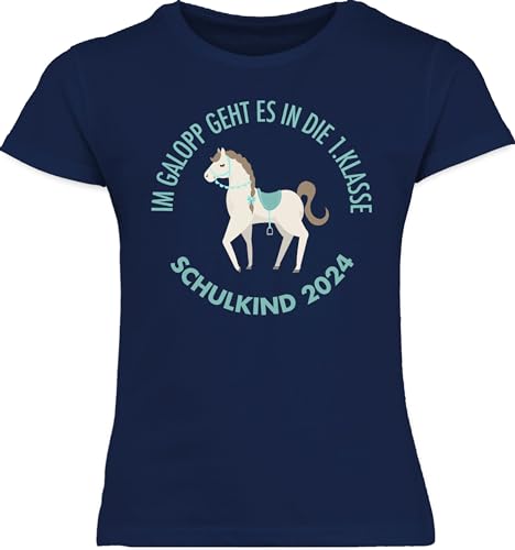 T-Shirt Mädchen Schulanfang - Einschulung - Im Galopp Schulkind 2024-128 (7/8 Jahre) - Navy Blau - einschulungsgeschenk Tshirt schulkinder Pferd Shirt Maedchen t einschulungst-Shirt schul Pferde von Shirtracer