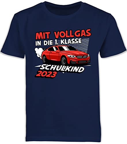 Kinder T-Shirt Jungen Schulanfang - Einschulung Junge - Mit Vollgas in die 1. Klasse - Schulkind 2024-140 (9/11 Jahre) - Navy Blau - einschulungst-Shirt Jungs eingeschult Tshirt 1.klasse von Shirtracer