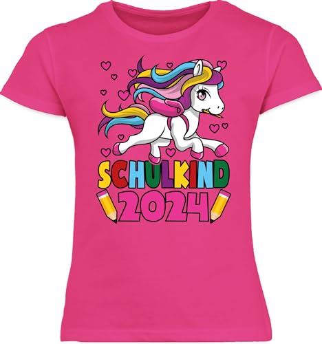 T-Shirt Mädchen Schulanfang - Einschulung - Schulkind 2024 I Einhorn Unicorn - 128 (7/8 Jahre) - Fuchsia - einhörner Shirt t einschulungsshìrts 1 klasse Tshirt Kinder einschulungsshirt schul von Shirtracer