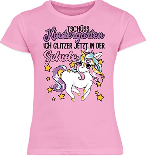 T-Shirt Mädchen Schulanfang Schulkind - Einschulung - Tschüss Kindergarten Einhorn - Glitzer jetzt in der Schule - 140 (9/11 Jahre) - Rosa - Tshirt Kinder einschulungsshirts schulkinder Ende von Shirtracer