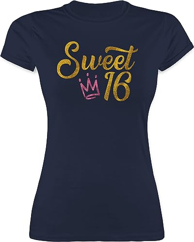 Shirt Damen - 16. Geburtstag - Sweet Sixteen Glitzer Optik mit Krone - M - Navy Blau - Geschenke für mädchen 16 t-Shirt Birthday Frauen Tshirt endlich Jahre tailliert mädchen, zum Geb Funshirt t von Shirtracer