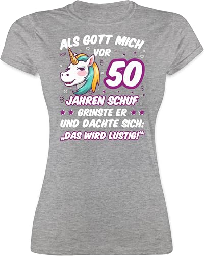 Shirt Damen - 50. Geburtstag - Als Gott Mich vor 50 Jahren Schuf grinste er - Einhorn Einhornkopf - M - Grau meliert - t-Shirt Happy Birthday Tshirt Frauen 50.Geburtstag Jahre Tshirts von Shirtracer
