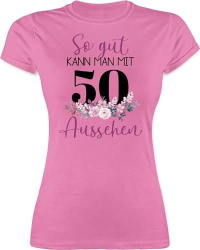 Shirt Damen - 50. Geburtstag - So gut kann Man mit 50 Aussehen - Blumenar"Ran"ge"Ment zum Fünfzigsten - lila schwarz - M - Rosa - Tshirt 50ger t-Shirt Frauen geburtstagsshirt 50zigster t für von Shirtracer