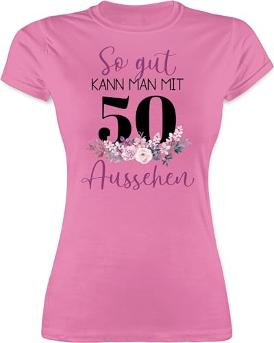 Shirt Damen - 50. Geburtstag - So gut kann Man mit 50 Aussehen - Blumenar"Ran"ge"Ment zum Fünfzigsten - lila schwarz - M - Rosa - Motto t-Shirt 50.Geburtstag Frauen 50er Birthday Tshirt von Shirtracer