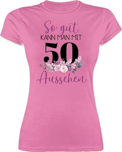 Shirt Damen - 50. Geburtstag - So gut kann Man mit 50 Aussehen - Blumenar"Ran"ge"Ment zum Fünfzigsten - lila schwarz - S - Rosa - Motto t-Shirt 50.Geburtstag 50er Jahre Frau Tshirt von Shirtracer