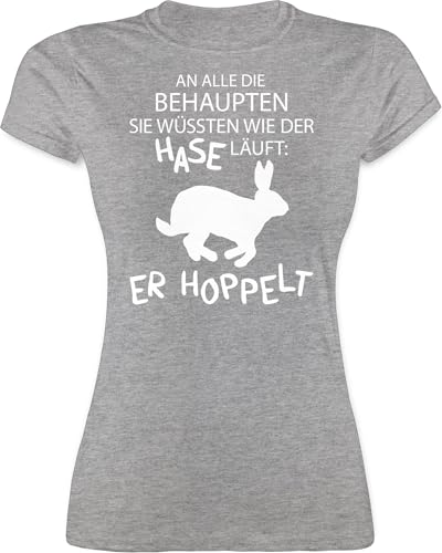 Shirt Damen - An alle die wissen wie der Hase läuft er hoppelt I Hase hoppelt I Osterhase I Oster Hase - XL - Grau meliert - ostergeschenke für sie osterhasen OSTE Tshirt von Shirtracer